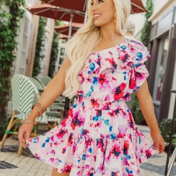 Buddy Love Sophia One Shoulder Dress Pink Floral Size Medium Mini Ruffle Tiered - Picture 1 of 9
